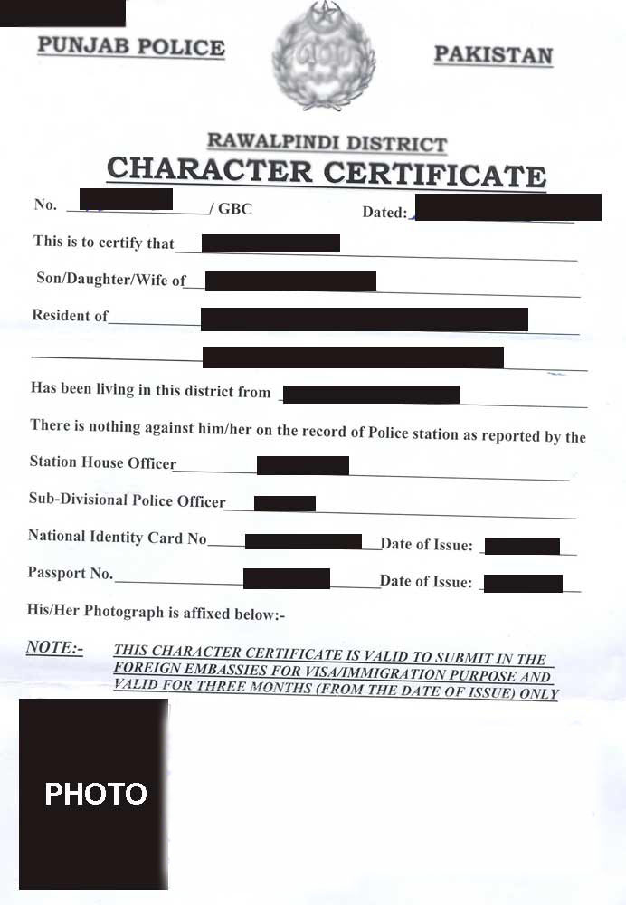 Police Character Certificate Pakistan - Sample